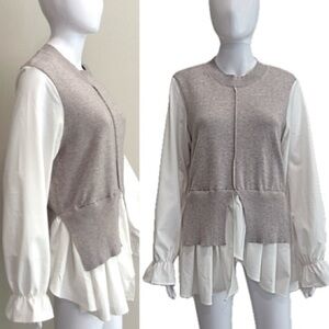 Gracia Sweater Mixed Blouse Womens Size XL Long Sleeve Cascading Ruffle Hem Crew